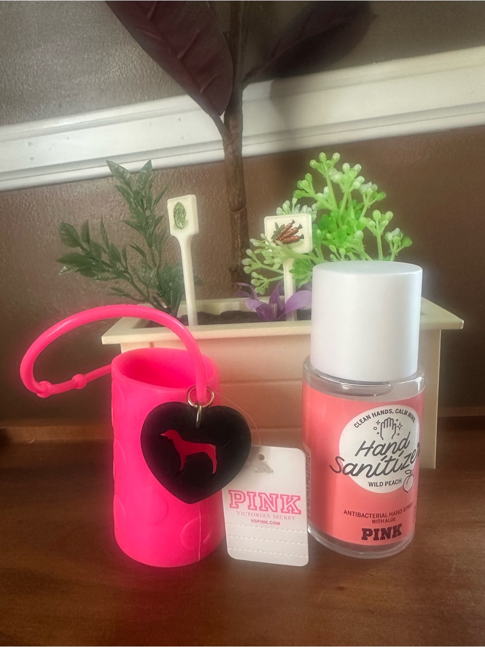 PINK Victoria's Secret Wild Peach Hand Sanitizer with Hot Pink Silicone Holder